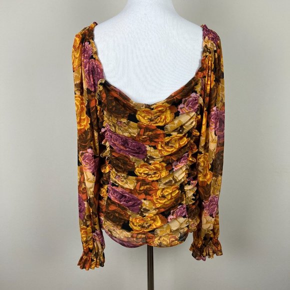 Jane + Delancey Blouse Top Women XL Multicolor Floral Ruched Off Shoulder Sheer - Picture 6 of 13